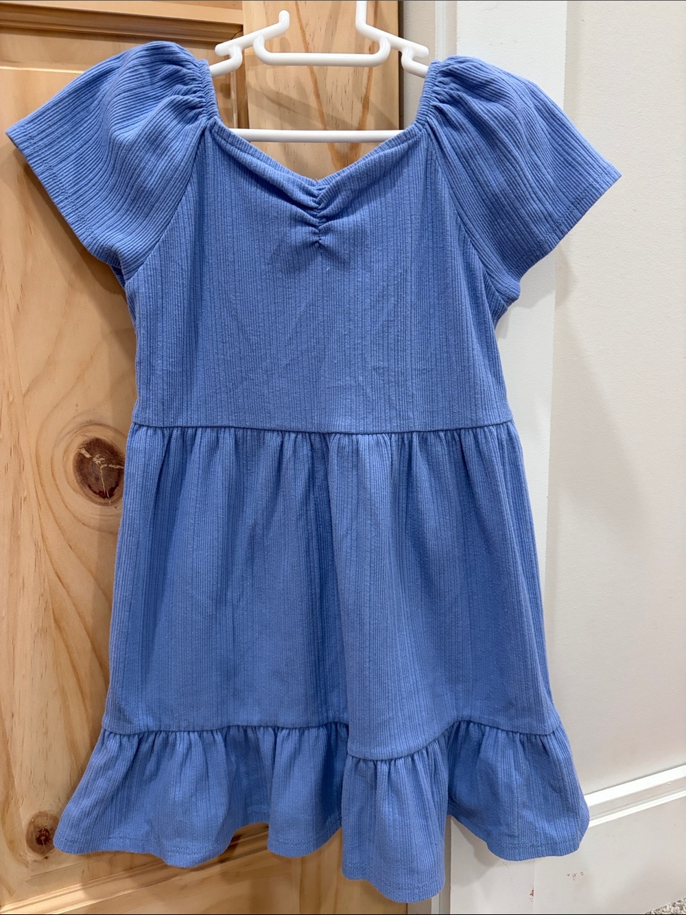 Girls Light Blue Cotton Tiered Dress with Puff Sleeves